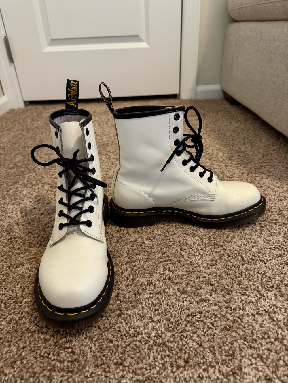 White Dr. Martens Lace-Up Combat Boots with Black Trim